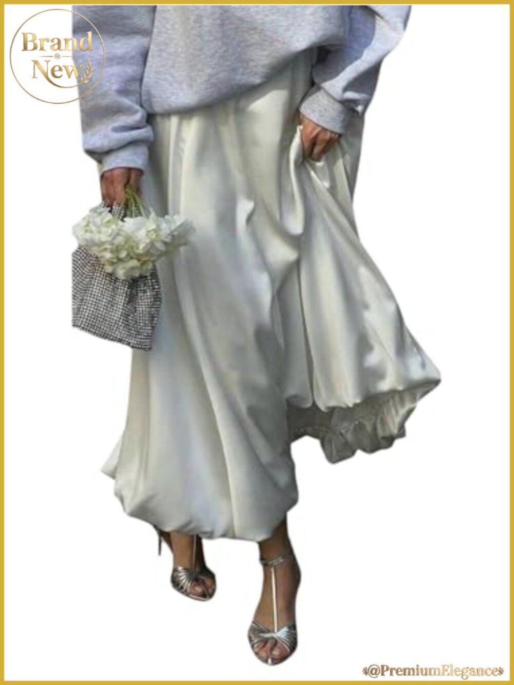 Women's Bubble Satin Long Skirt Ruffle Pleated A-Line Puffy Party Balloon Skirts